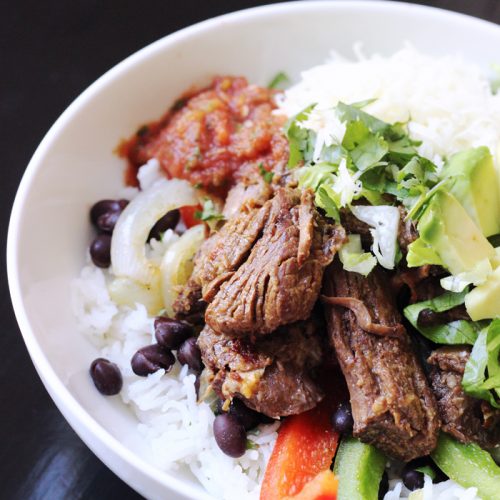 rice bowl with black beans and barbacoa beef