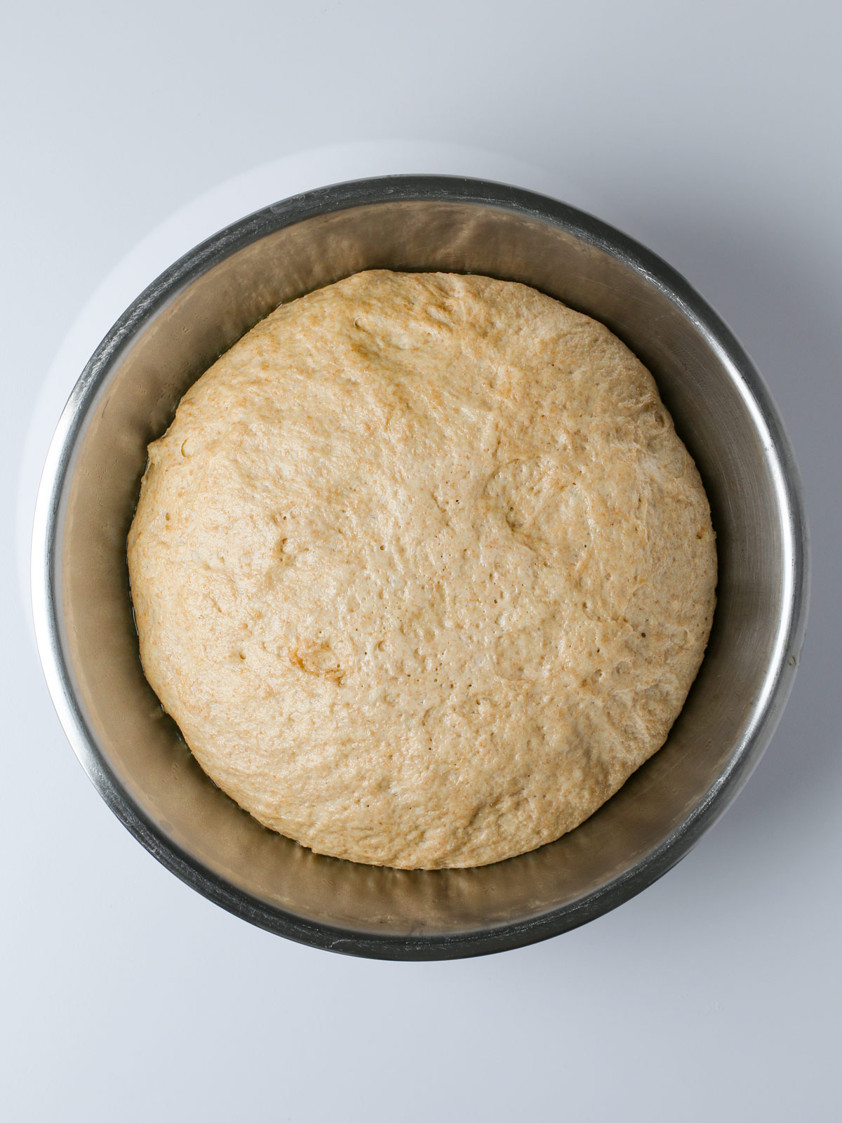 risen dough ball in mixing bowl.