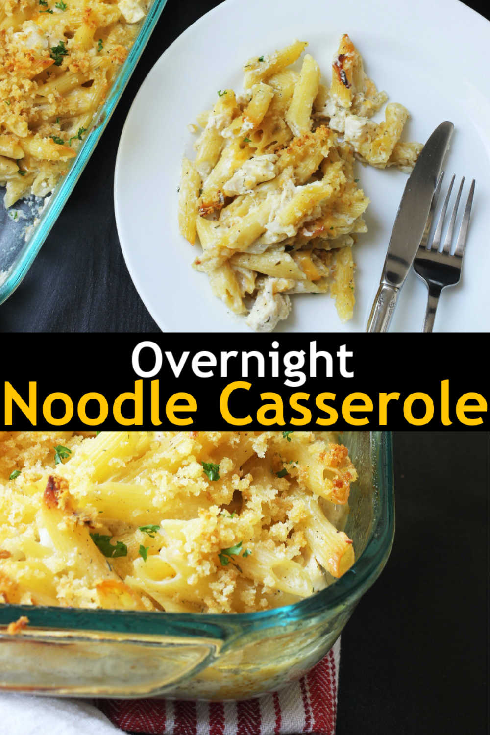 A plate with chicken noodle casserole and a casserole dish