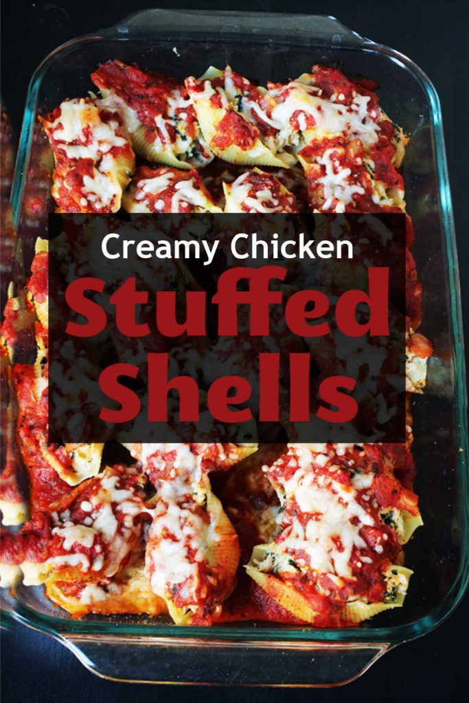 a pan of chicken-stuffed shells