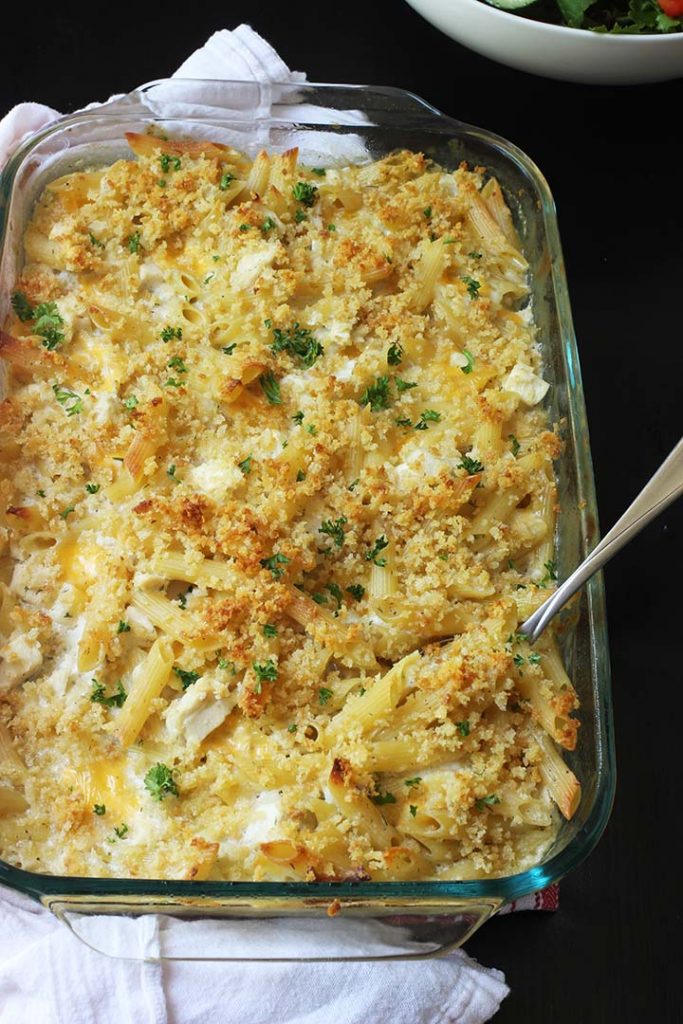 A dish is filled with Noodle Casserole