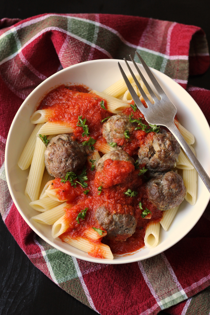 Bulk Batch Supreme Meatballs in a bowl of pasta and sauce