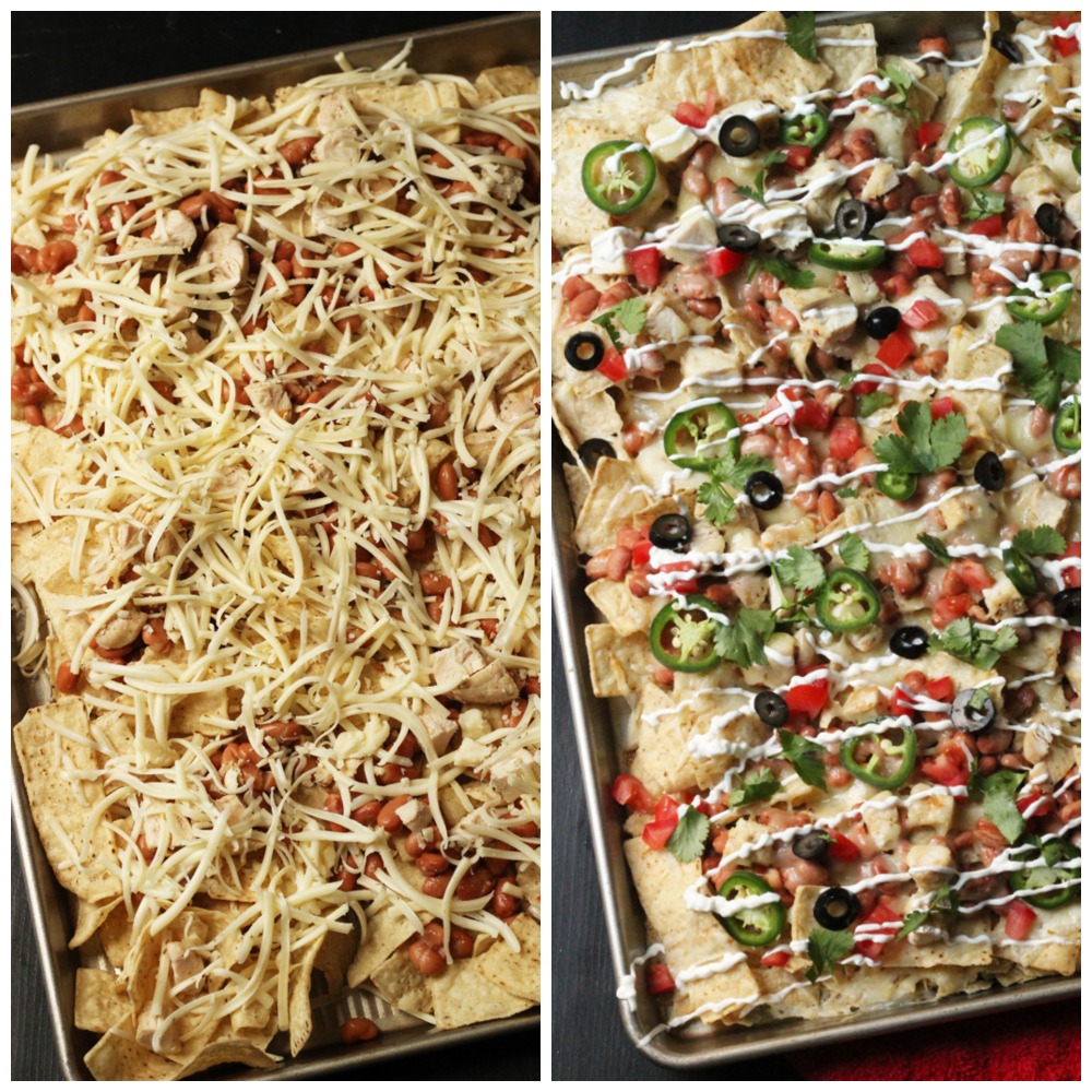 chicken nachos on a sheet baked, and unbaked