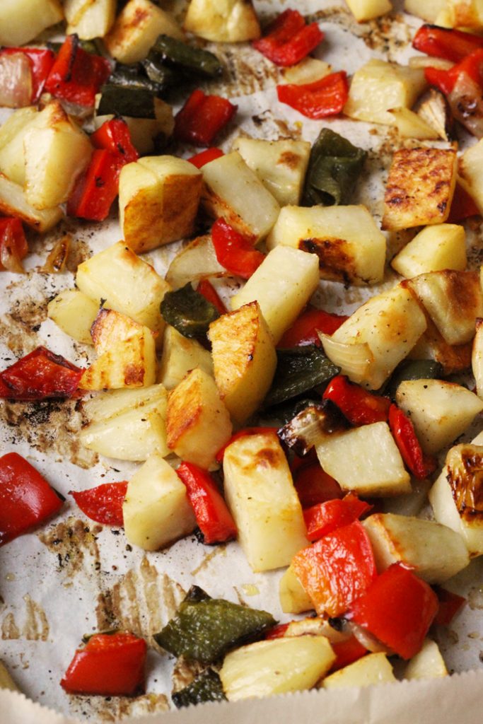 roasted potatoes and peppers on tray