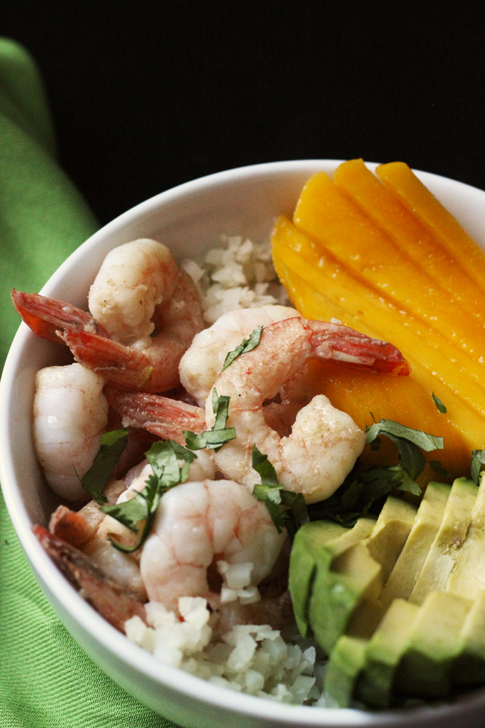 Shrimp Bowl with Mango and Avocado on top of rice