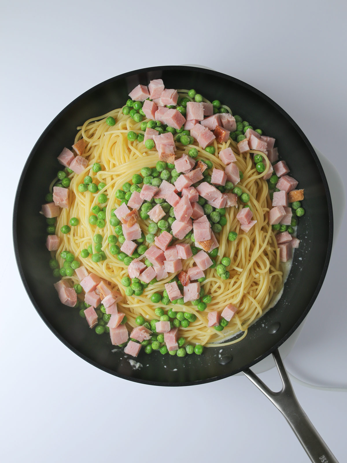 adding spaghetti, ham, and peas to the skillet.