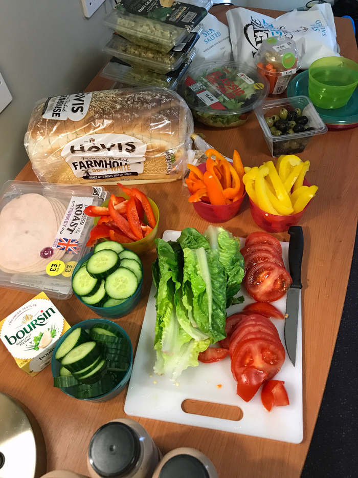 prepping UK groceries on hotel desk