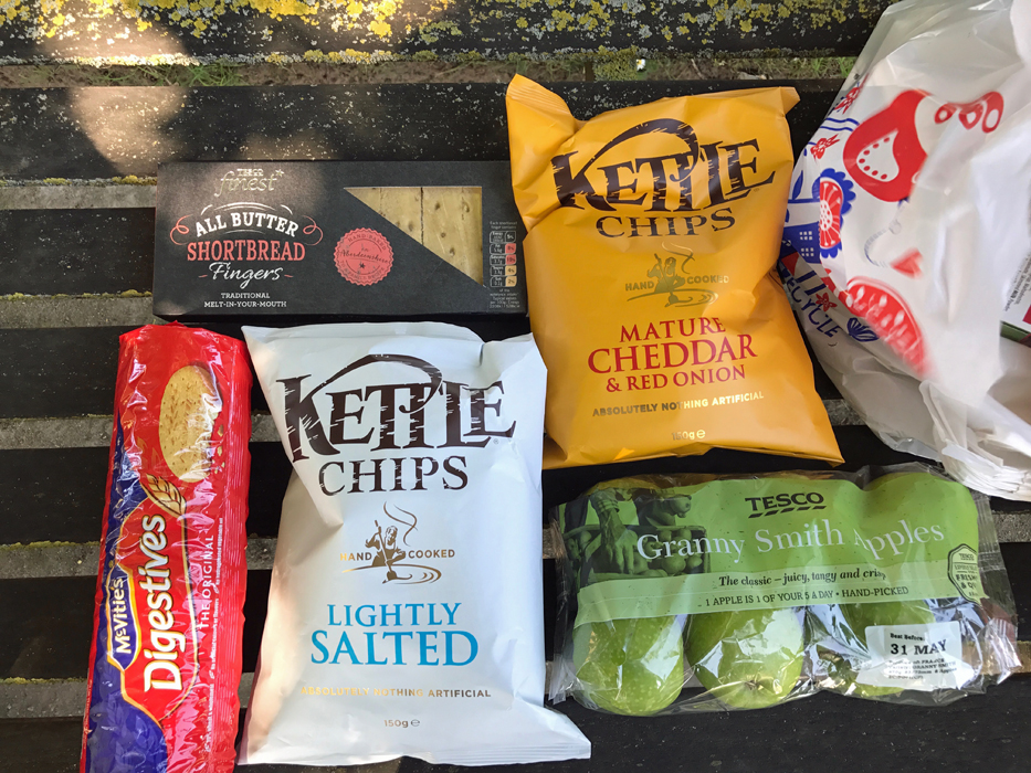 Snacks from UK grocery store on park bench