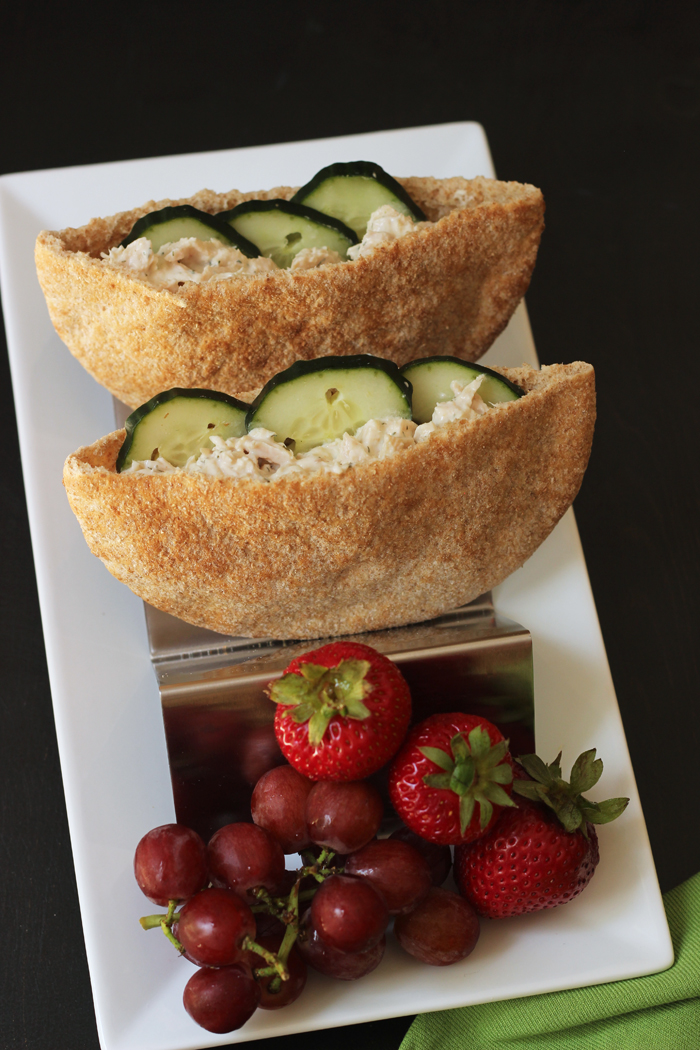 Tuna Pita Pockets on a plate with fruit