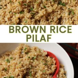 collage of brown rice pilaf, with text overlay.