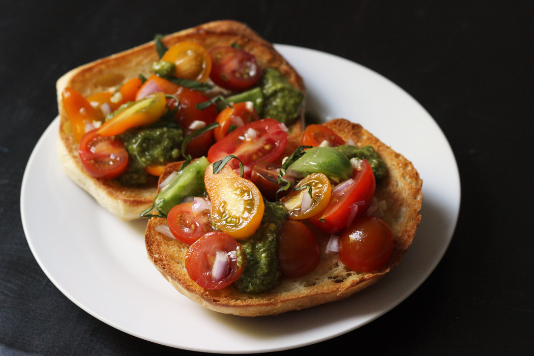 two Pesto Bruschetta on a plate