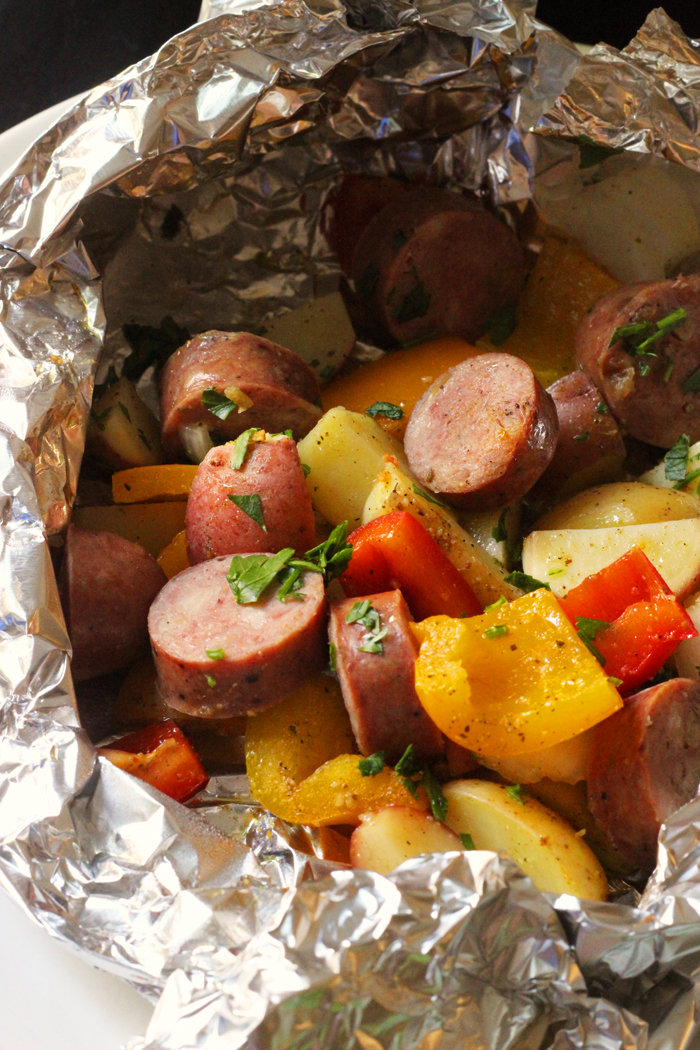 Sausage Packets in foil with vegetables