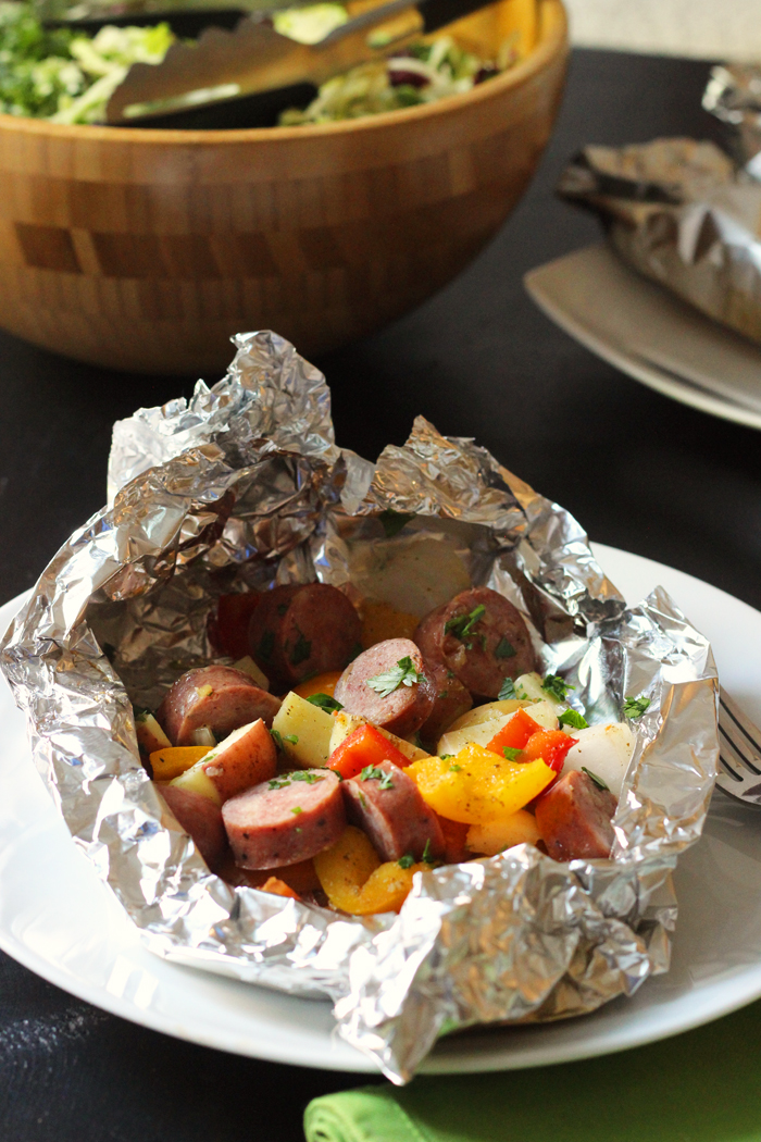 sausage packet in foil with vegetables