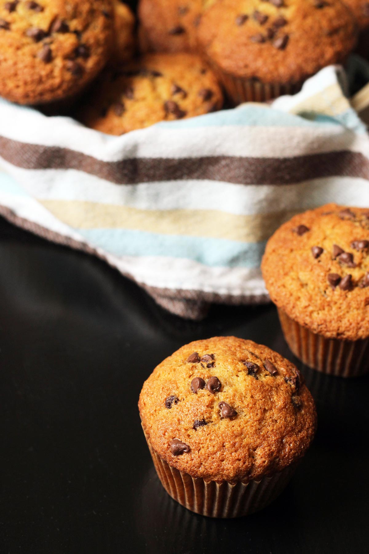 banana muffin on table with basket