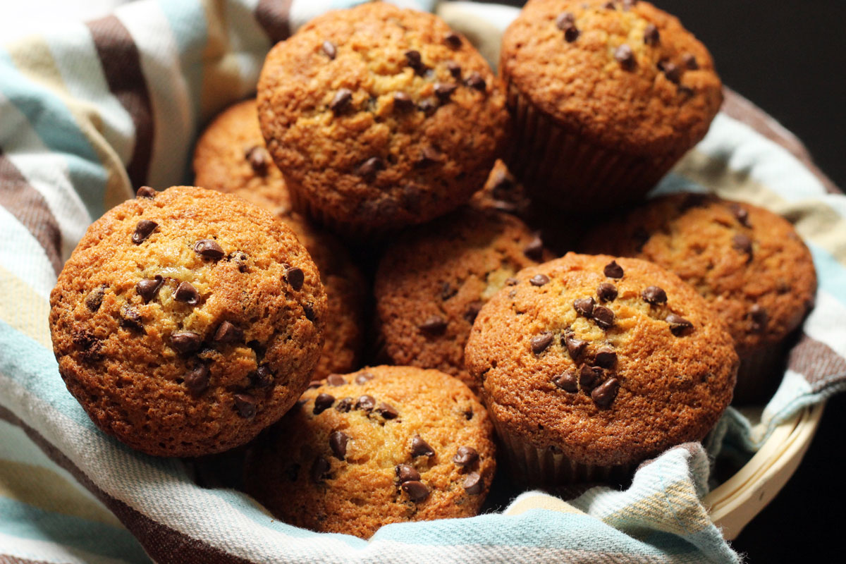 banana chocolate chip muffins in a basket