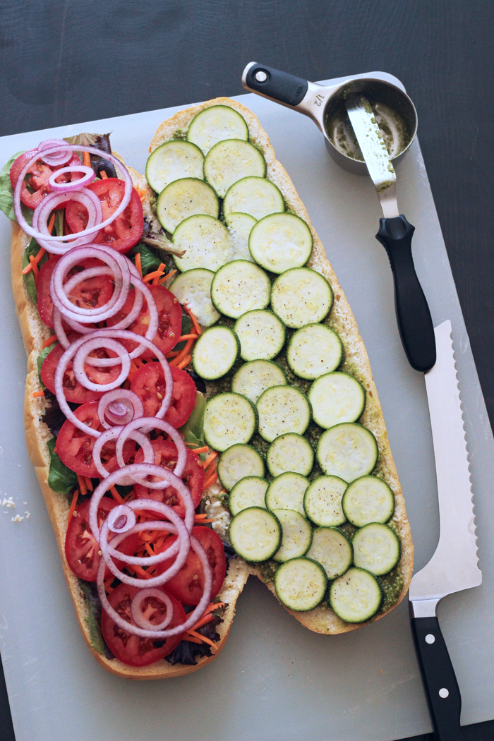 Veggie Pesto Sandwich in half assembled