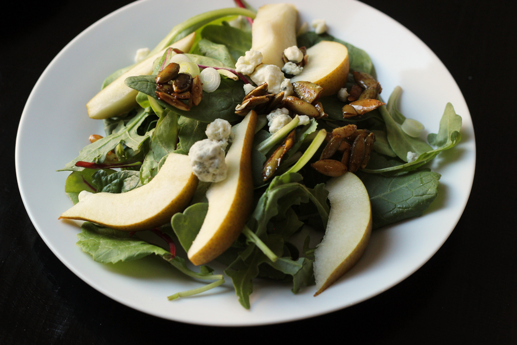 plated pear and blue cheese salad