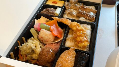 open ekiben box on train table.