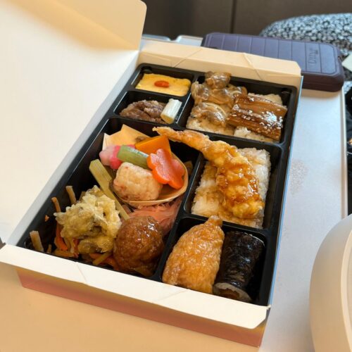 open ekiben box on train table.