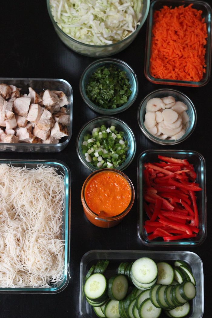 containers of fixings for asian noodle bowls