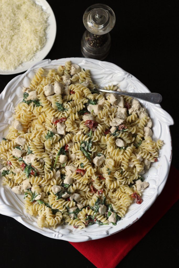 large bowl of creamy chicken pasta