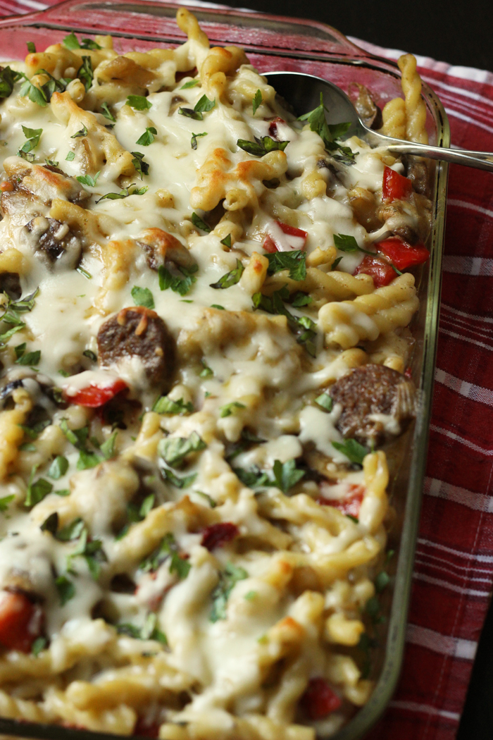 9x13 dish of Sausage Noodle Casserole 