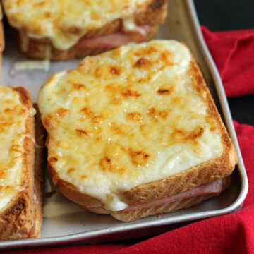 close up of croque monsieur on tray