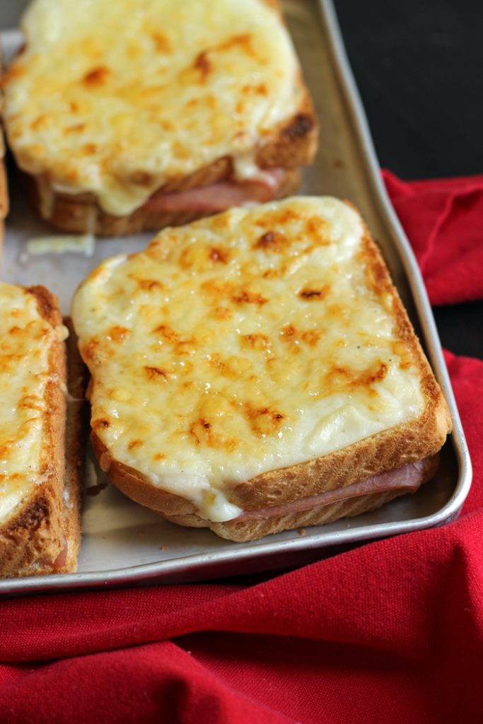 close up of croque monsieur on tray