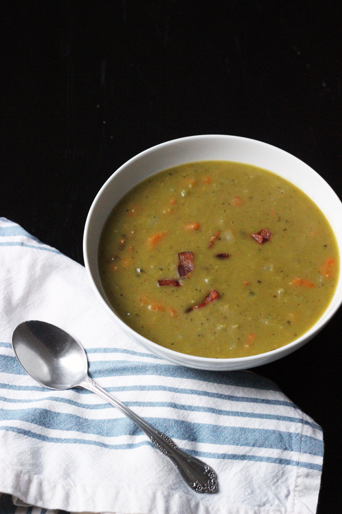 bowl of split pea soup and spoon