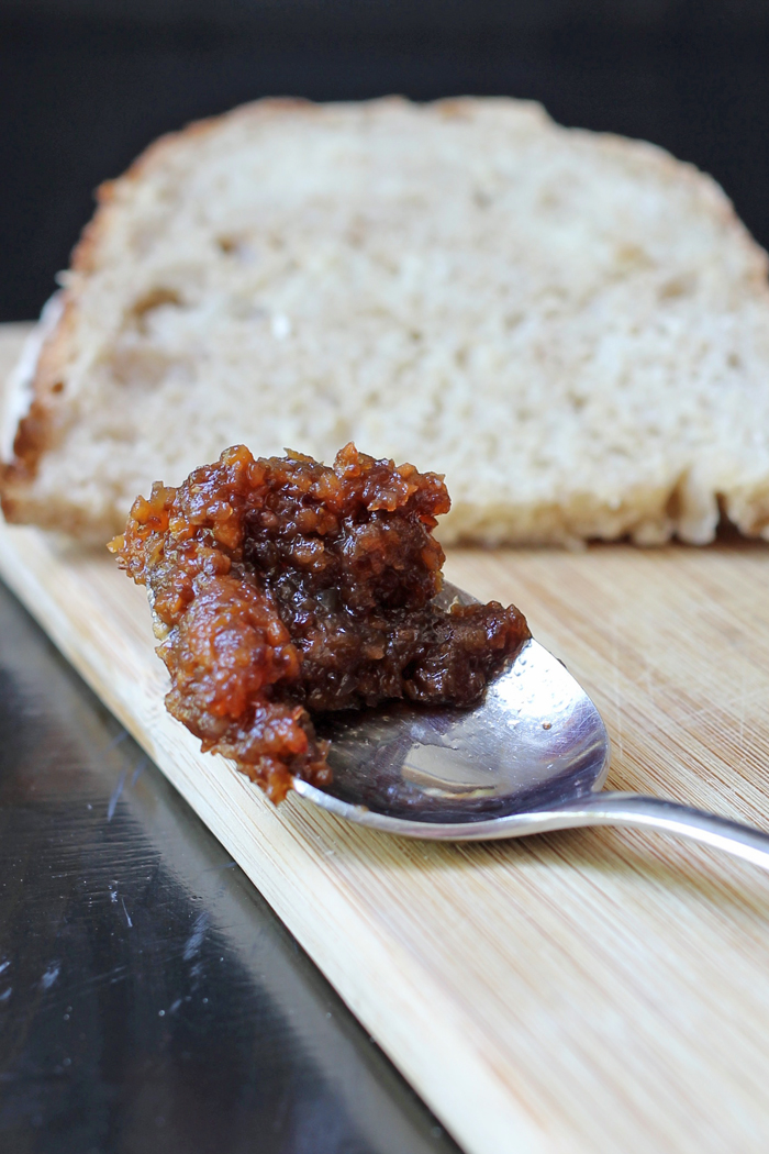 english pickle on a spoon, with bread