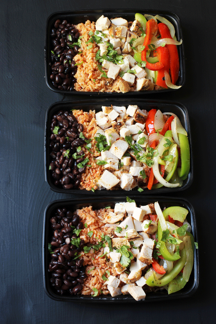 meal prep dishes with burrito bowls