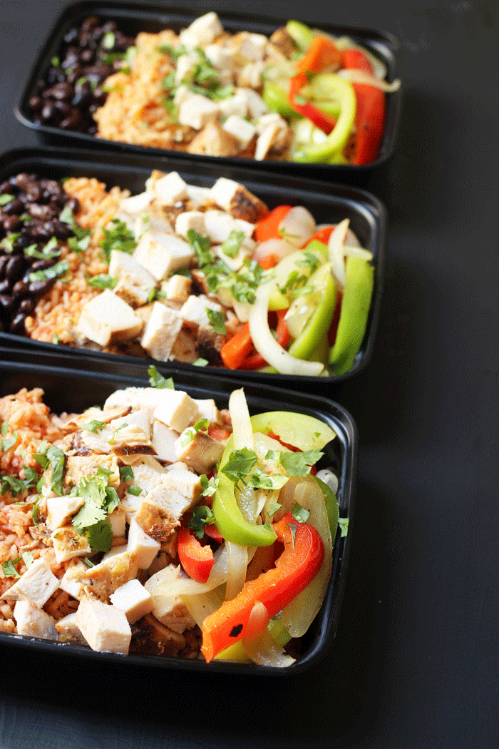 burrito bowl meal prep with fajita vegetables