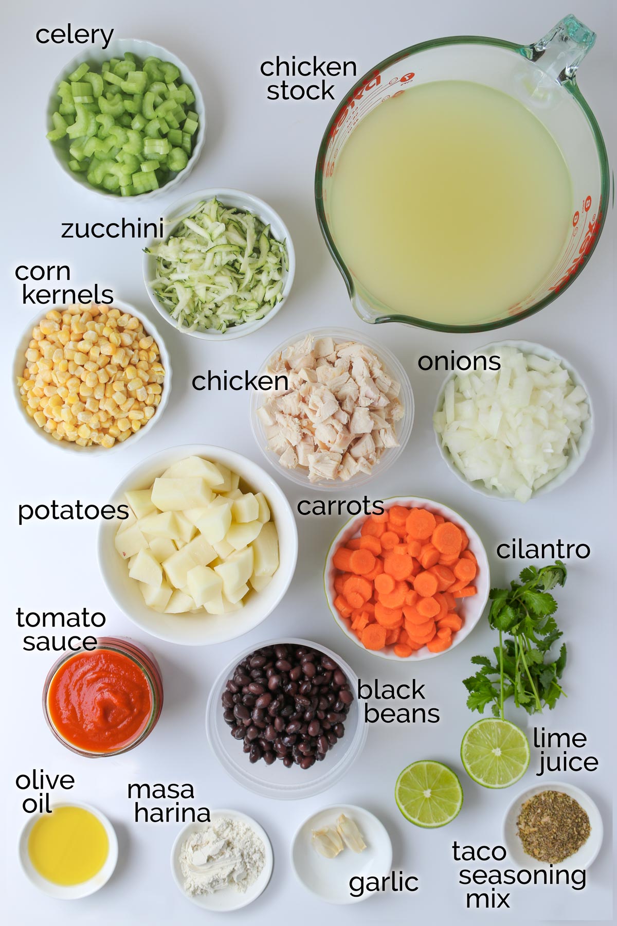 ingredients for chicken taco soup laid out on counter.