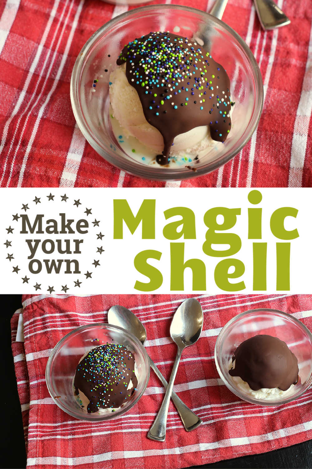 collage of bowls of magic shell and ice cream