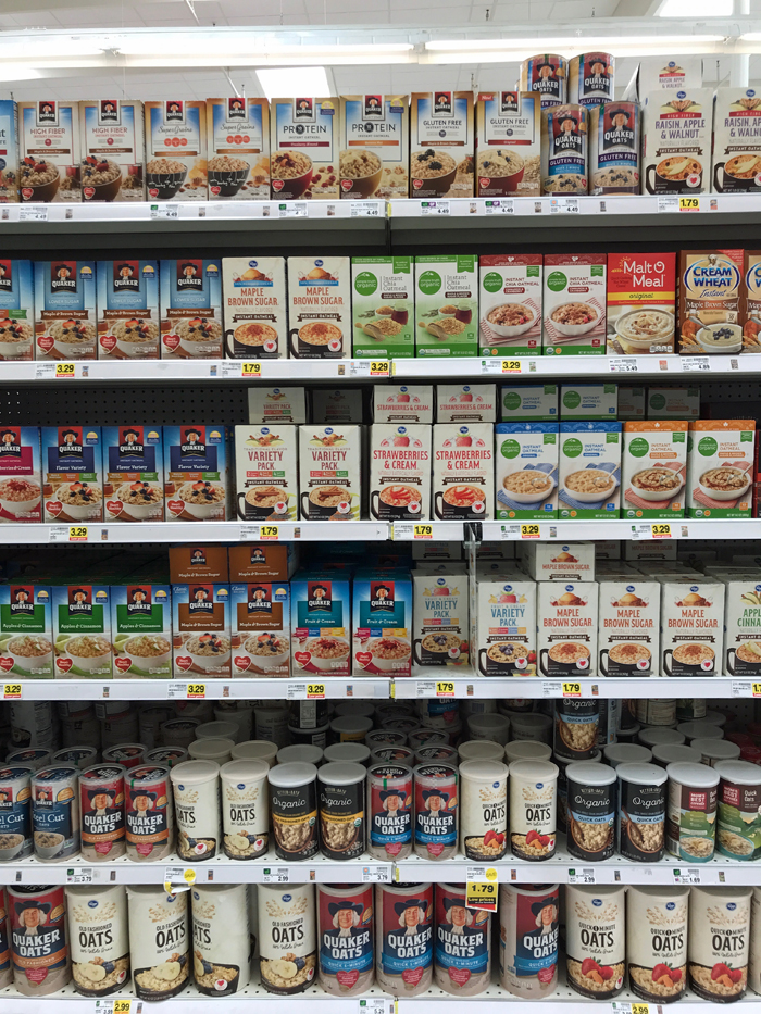 grocery aisle filled with instant oatmeal packets