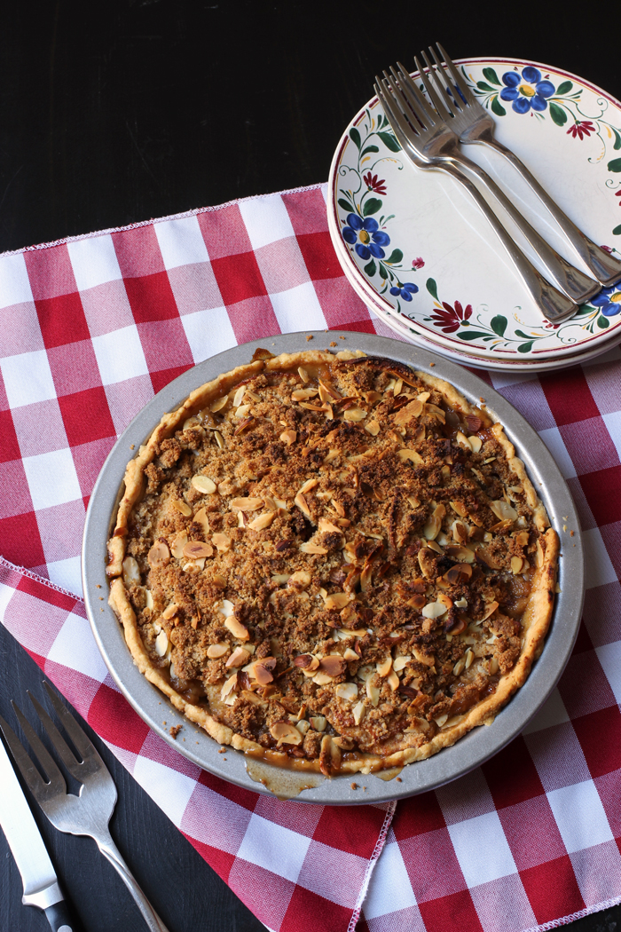 Apfelkuchen auf kariertem Tuch mit Tellern und Gabeln