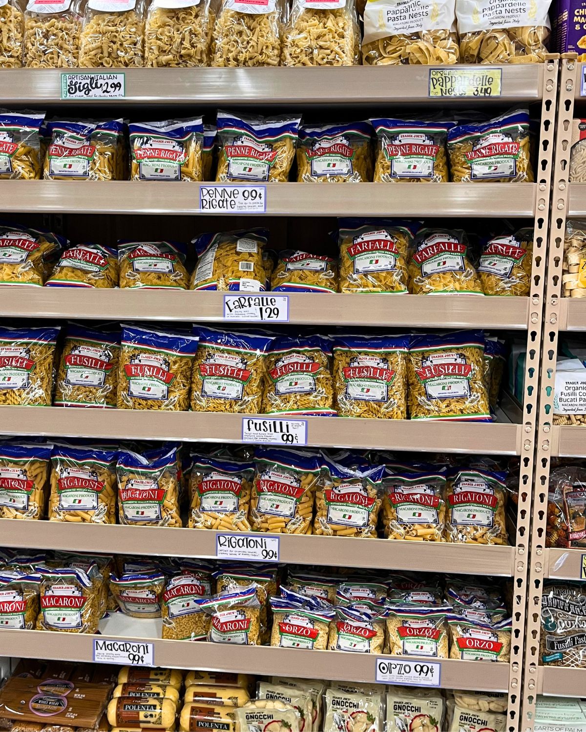 shelves of trader joe's pasta.