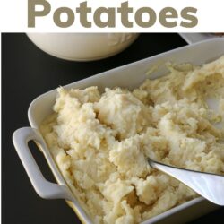 mashed potatoes in baking dish with text overlay.