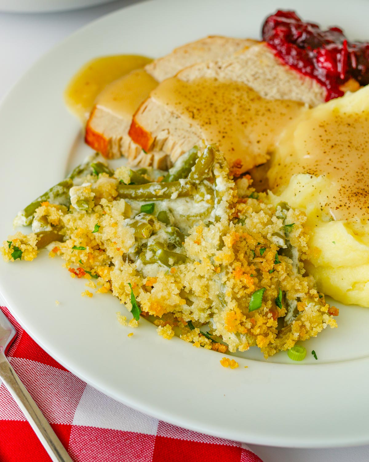 green bean casserole as a side dish to turkey, potatoes, and gravy.