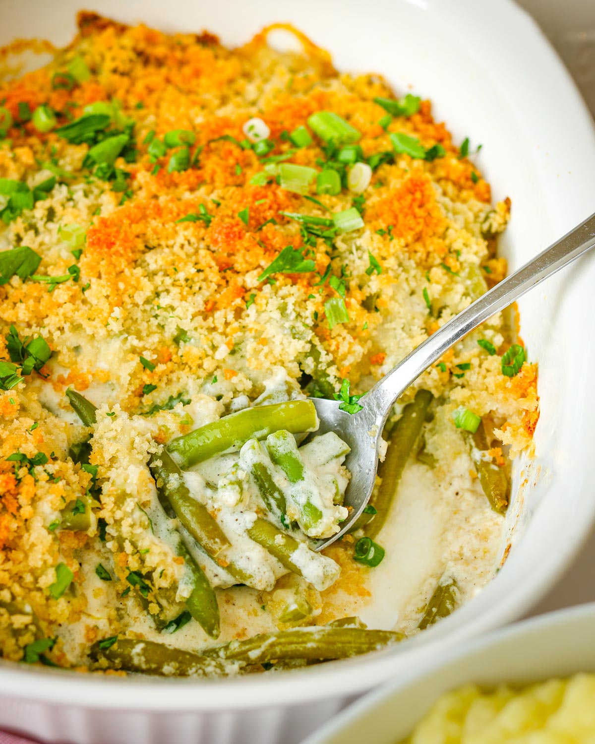 casserole dish with homemade green bean casserole.