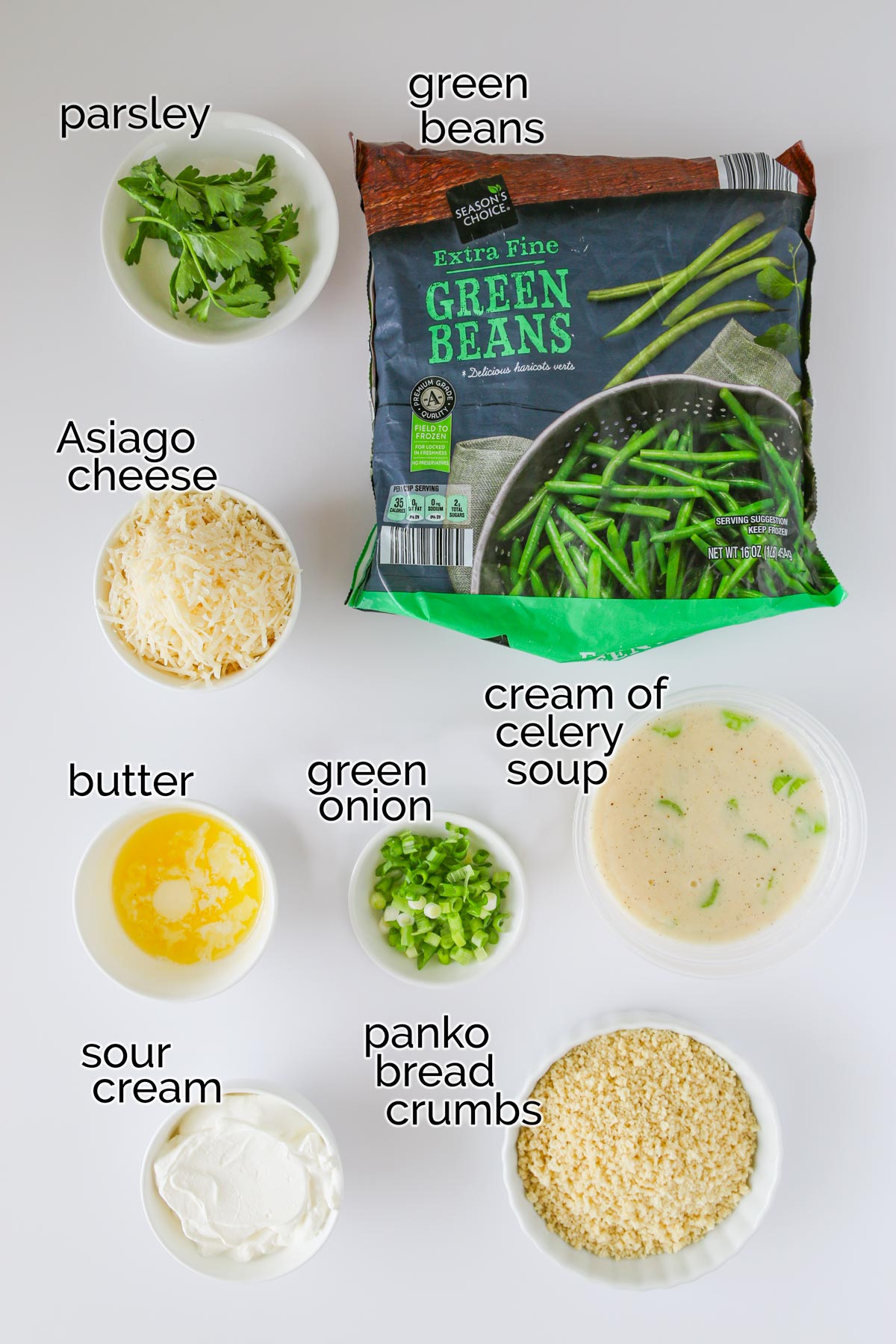 ingredients for homemade green bean casserole on counter.
