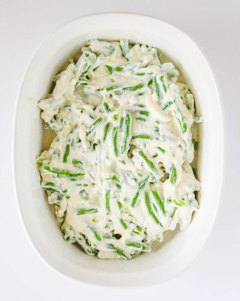 green bean mixture in baking dish.