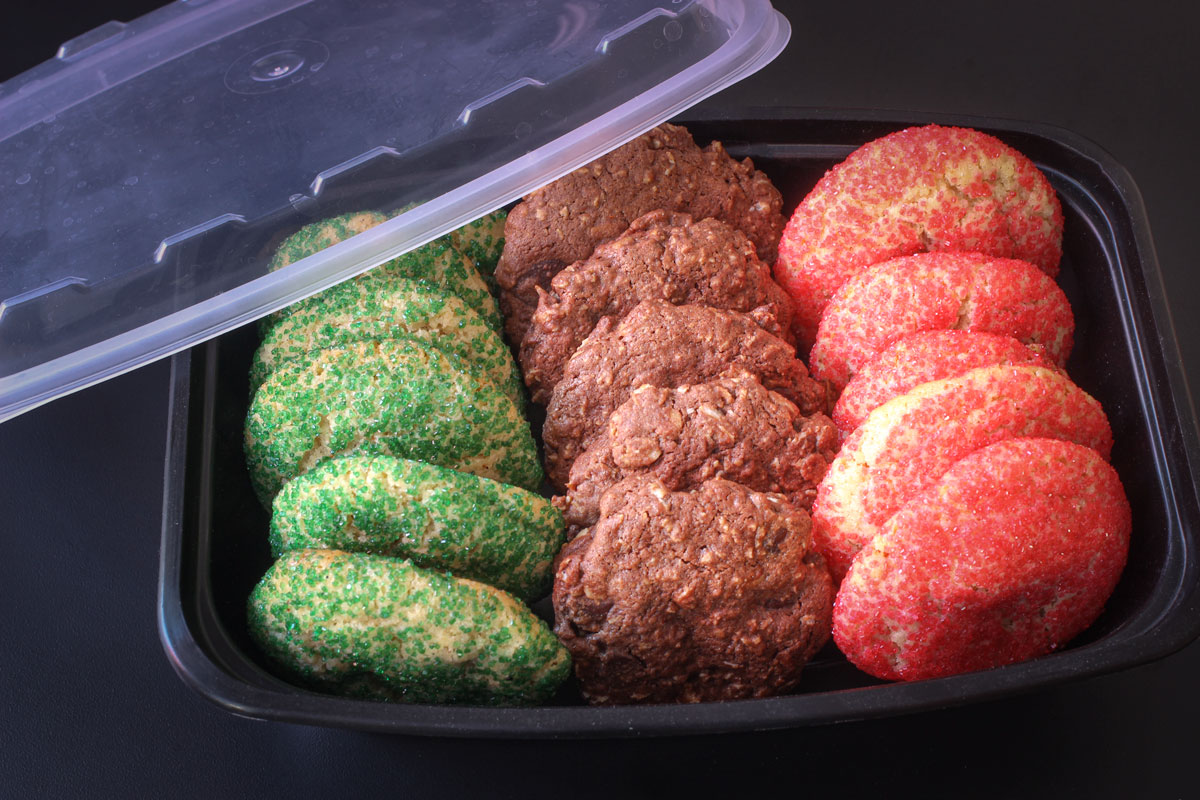 three types of Christmas cookies baked and lined up in a meal prep box for freezing.