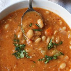 spoonful of soup resting on side of the bowl