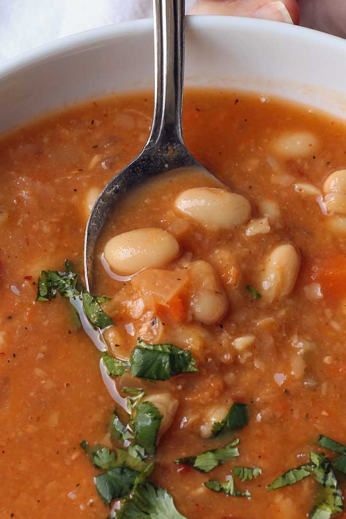 spoonful of beans and vegetables with cilantro garnish