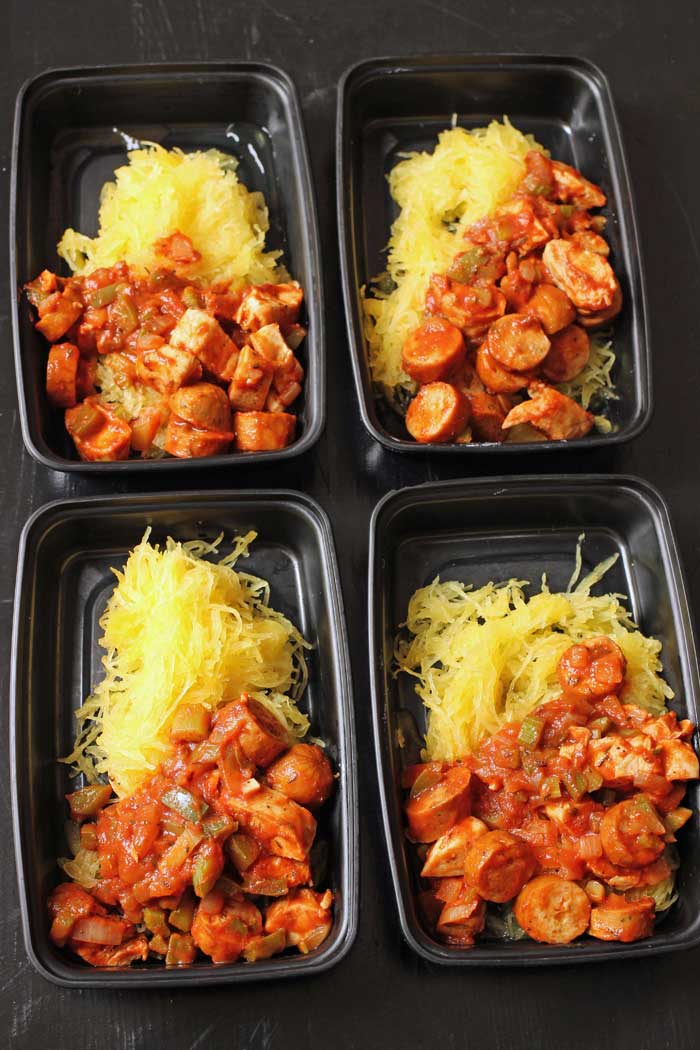 spaghetti squash jambalaya in meal prep boxes