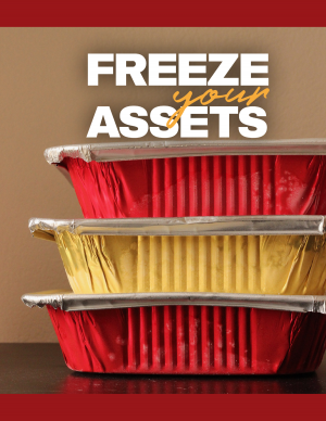 stack of freezer meals in gold and red containers