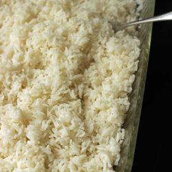 baked rice in glass baking dish