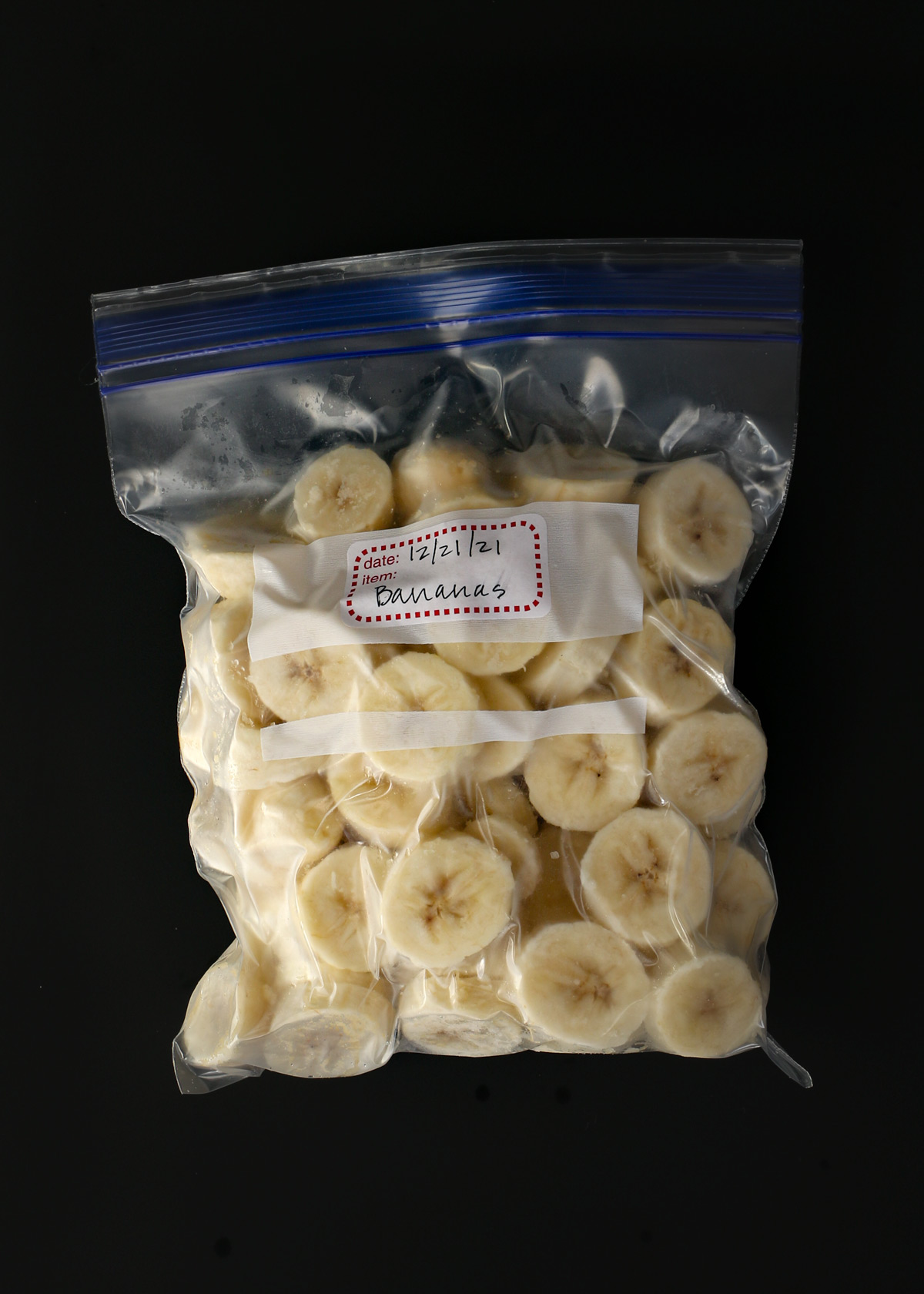 banana slices sealed inside ziptop bag.