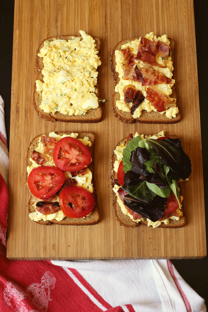 egg salad blt in stages on board